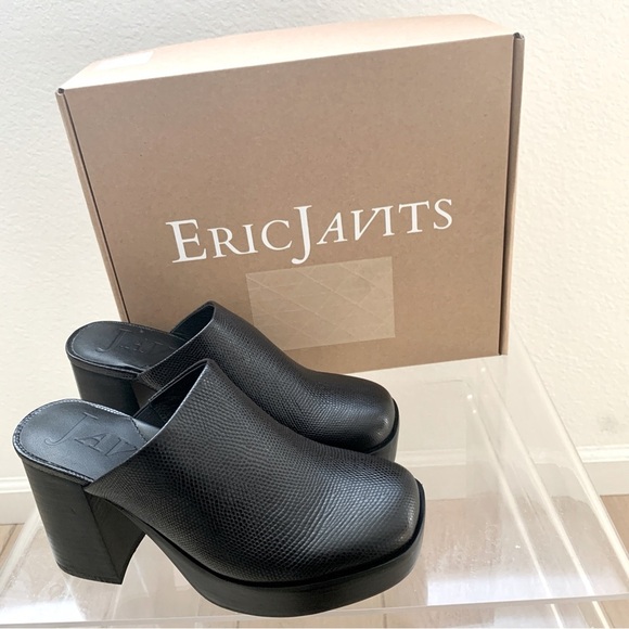 Eric Javits Black Genevieve Lizard Embossed Leather Clog Block High Heels - Picture 1 of 12